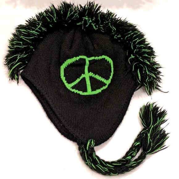 Neon Peace Sign Mohawk Knit Beanie Trapper Hat with Earflaps and Braided Tassels - Picture 5 of 7